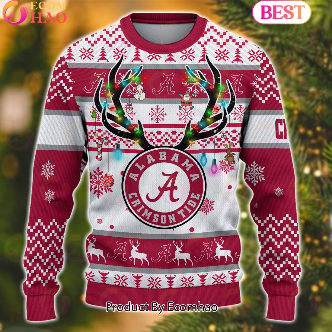 NCAA Alabama Crimson Tide Reindeer Light Ugly Christmas Sweater