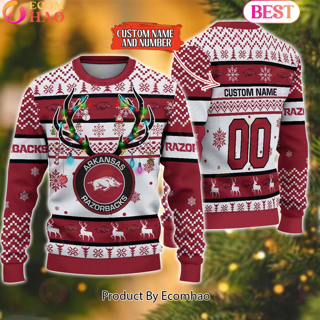 NCAA Arkansas Razorbacks Reindeer Light Ugly Christmas Sweater