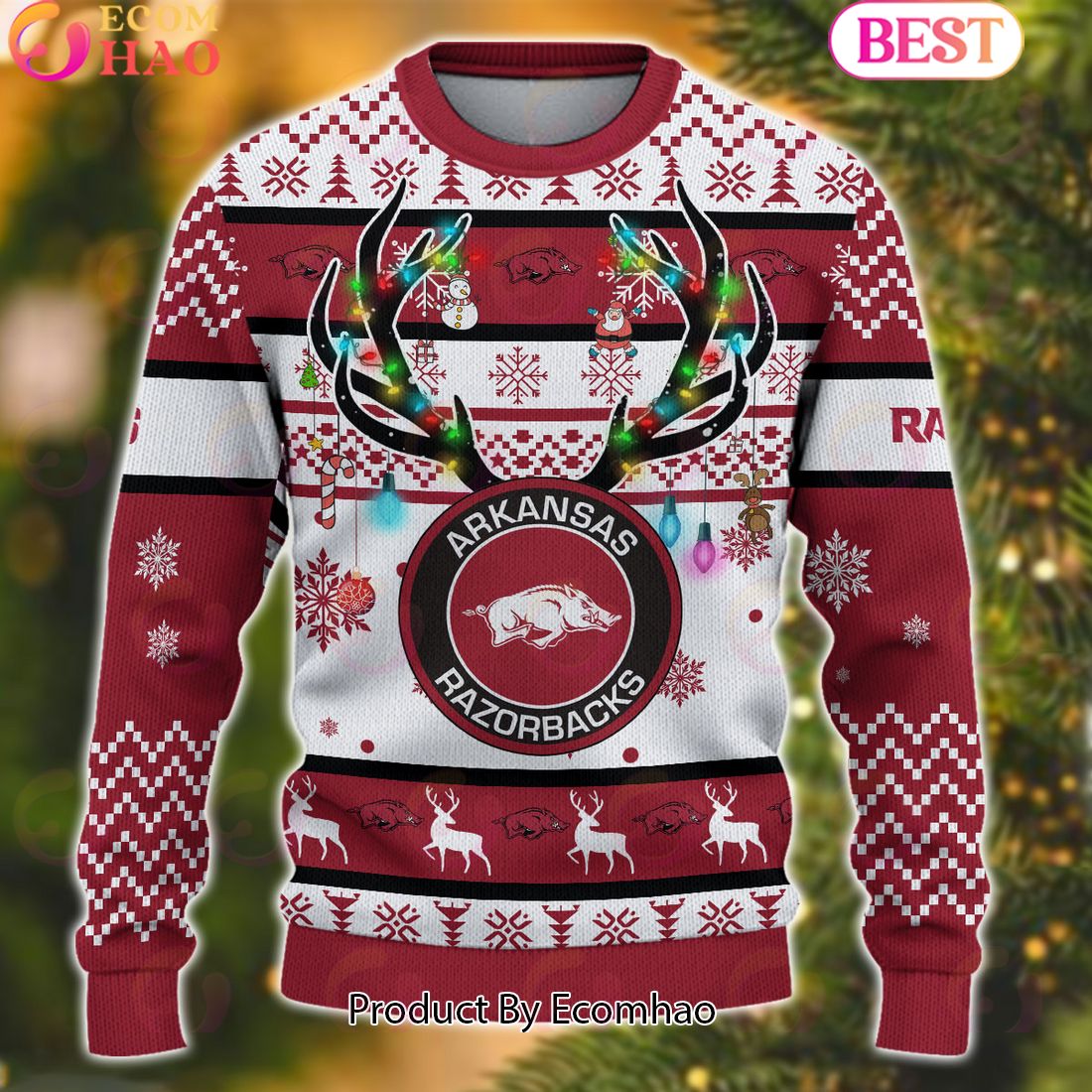 NCAA Arkansas Razorbacks Reindeer Light Ugly Christmas Sweater