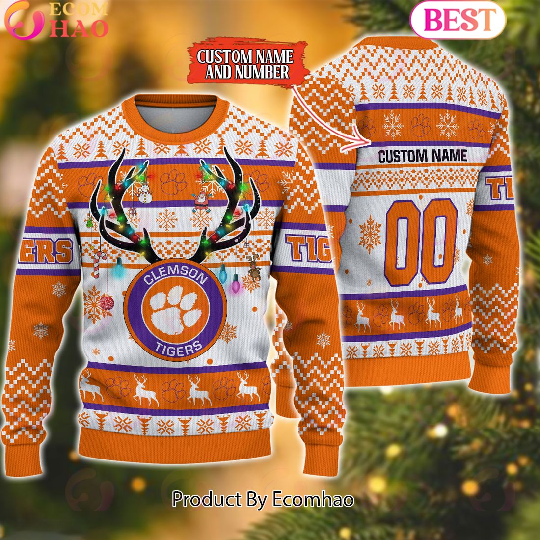 NCAA Clemson Tigers Reindeer Light Ugly Christmas Sweater