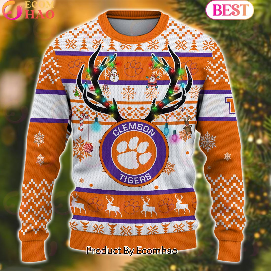 NCAA Clemson Tigers Reindeer Light Ugly Christmas Sweater