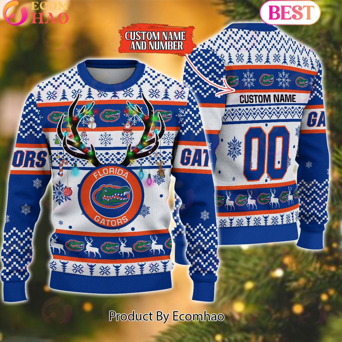 NCAA Florida Gators Reindeer Light Ugly Christmas Sweater