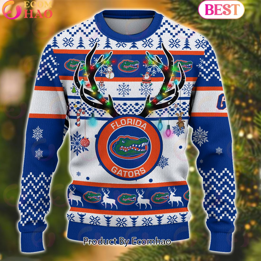 NCAA Florida Gators Reindeer Light Ugly Christmas Sweater