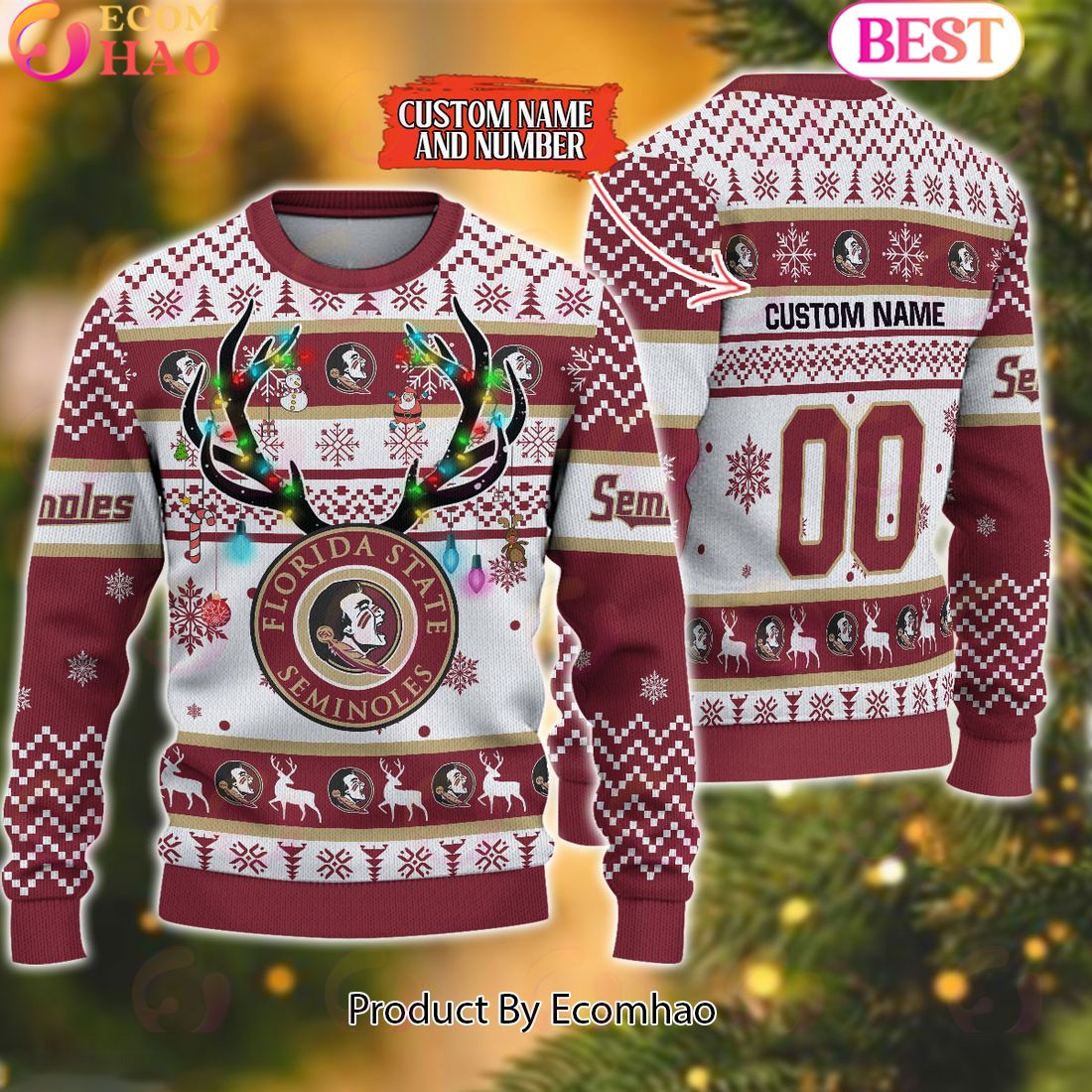 NCAA Florida State Seminoles Reindeer Light Ugly Christmas Sweater