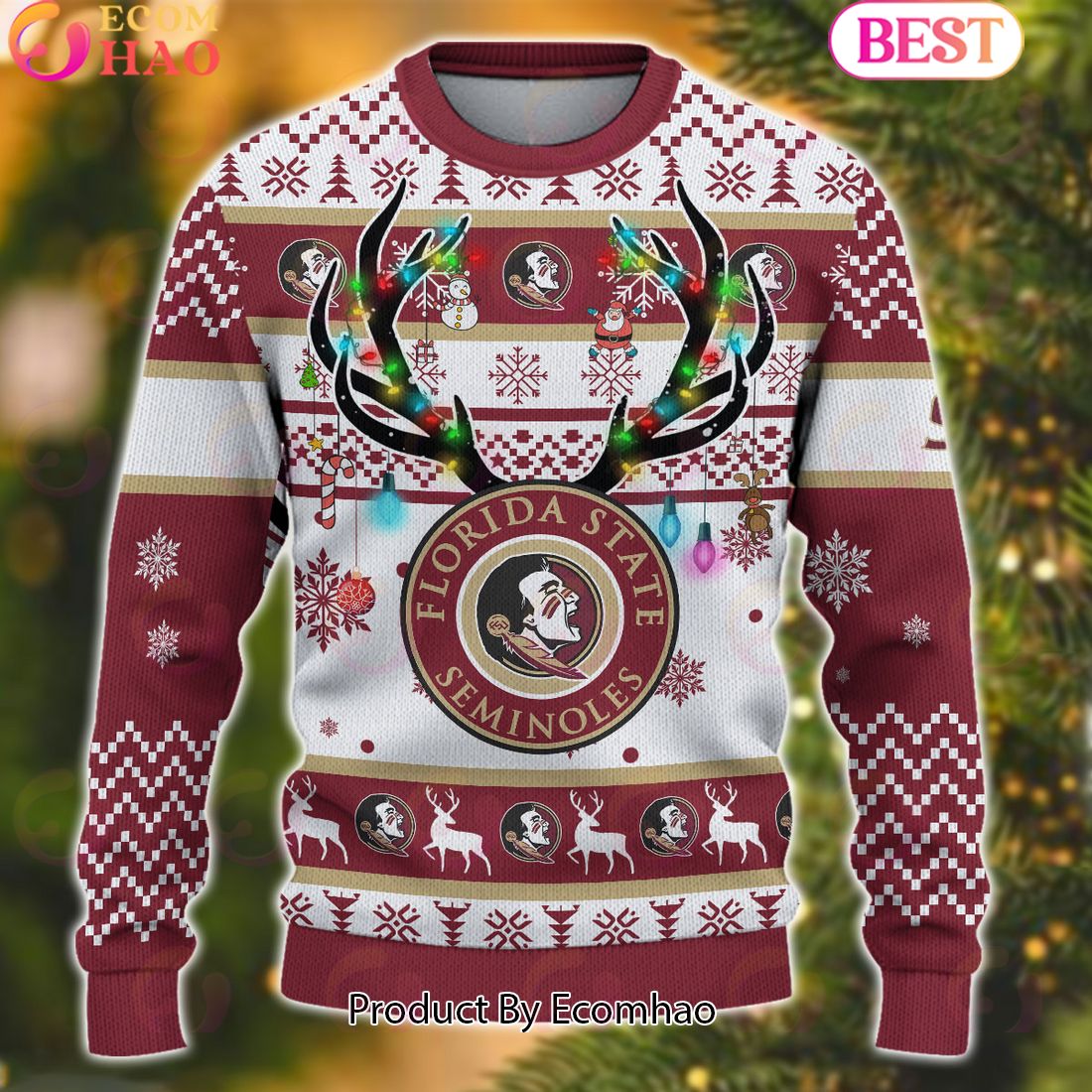 NCAA Florida State Seminoles Reindeer Light Ugly Christmas Sweater