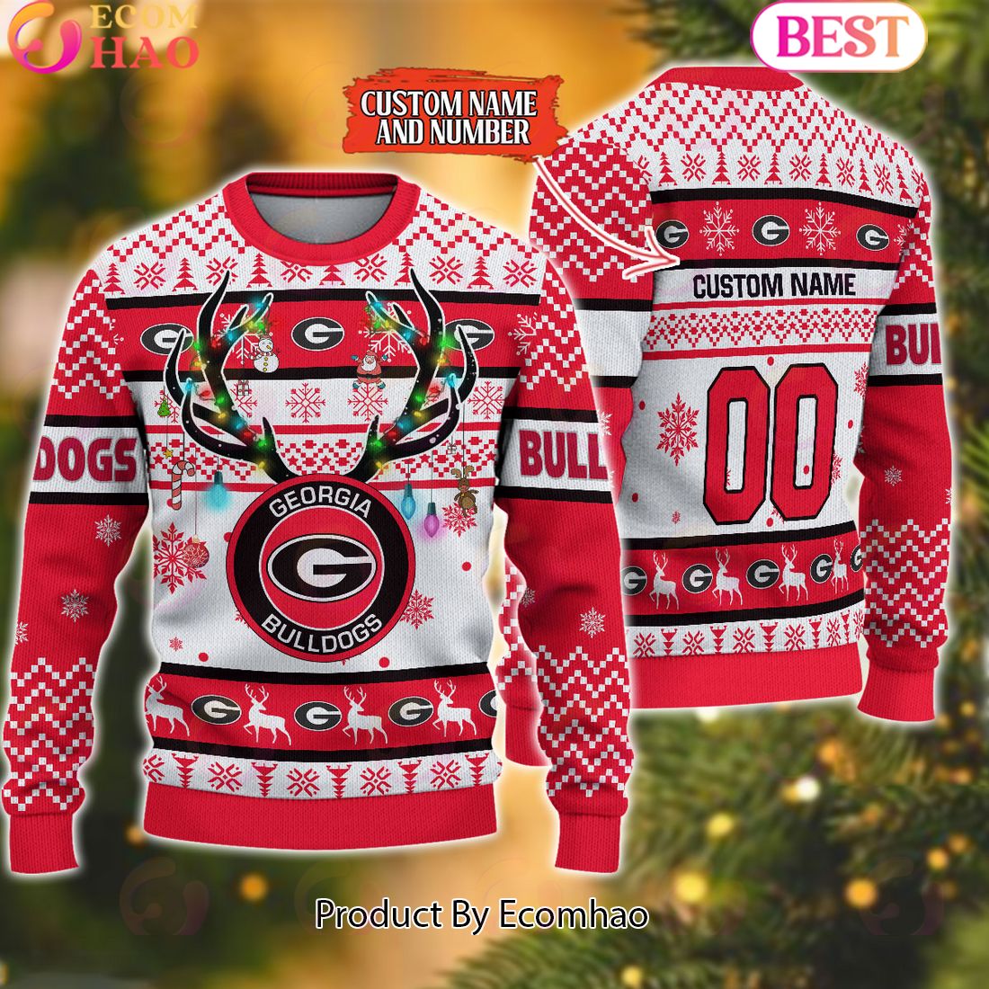 NCAA Georgia Bulldogs Reindeer Light Ugly Christmas Sweater