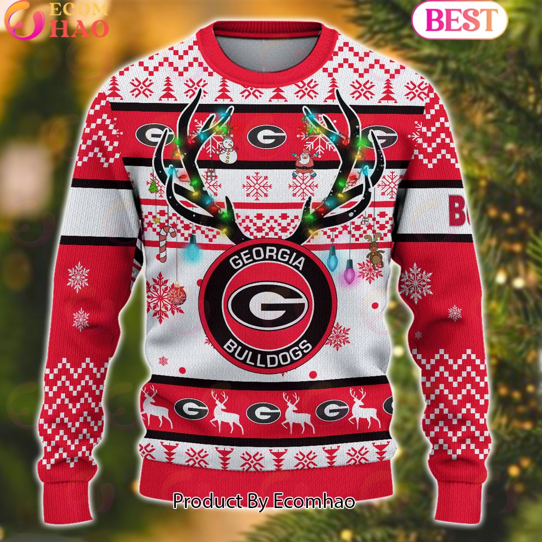 NCAA Georgia Bulldogs Reindeer Light Ugly Christmas Sweater