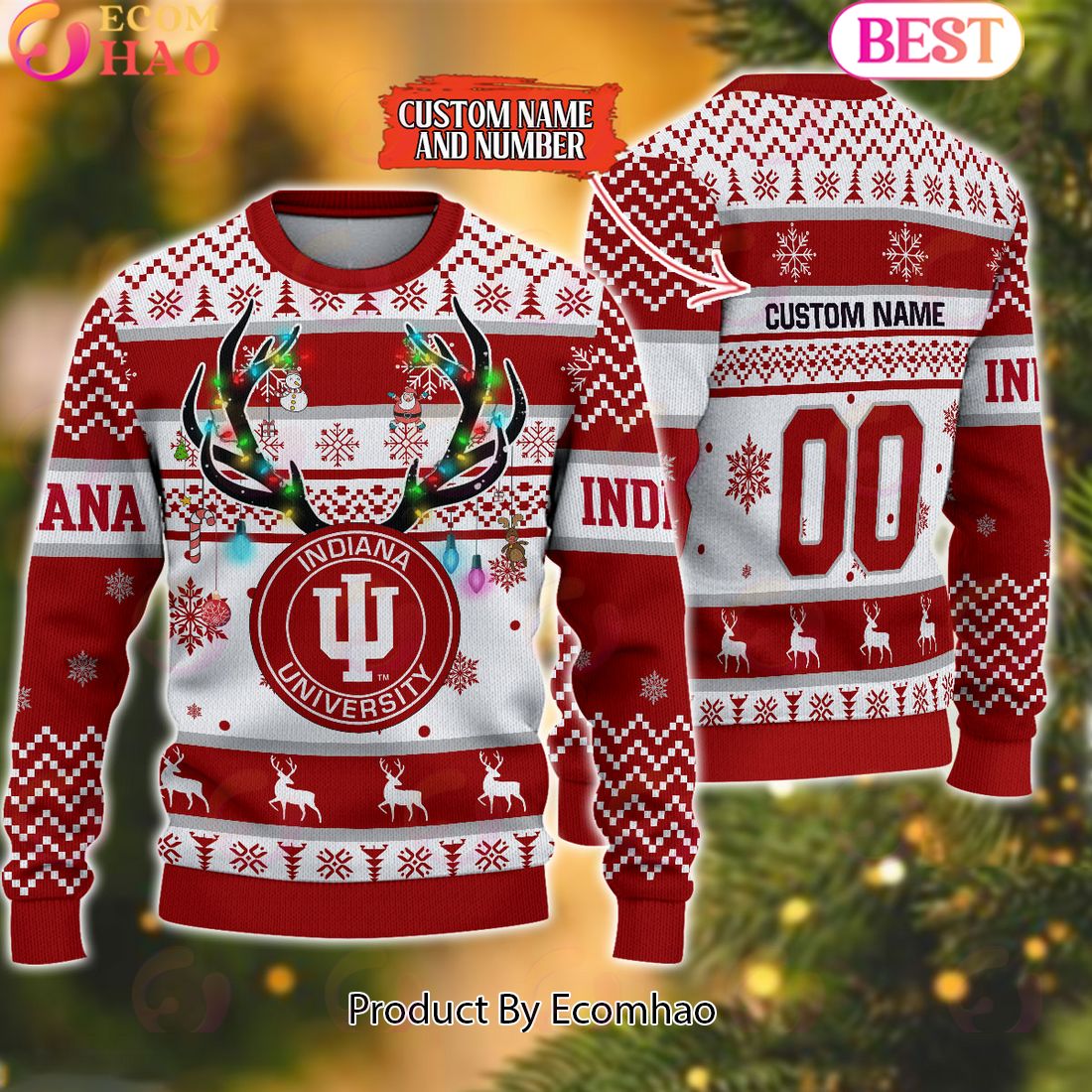 NCAA Indiana Hoosiers Reindeer Light Ugly Christmas Sweater