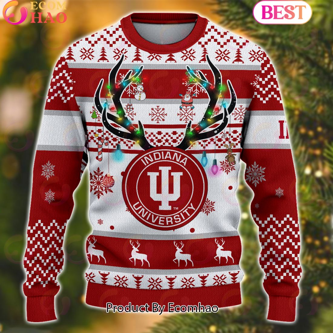 NCAA Indiana Hoosiers Reindeer Light Ugly Christmas Sweater