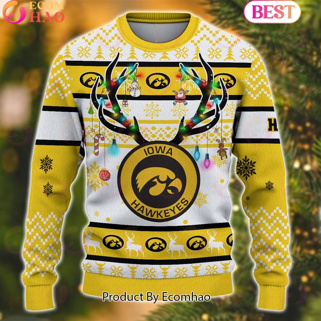 NCAA Iowa Hawkeyes Reindeer Light Ugly Christmas Sweater