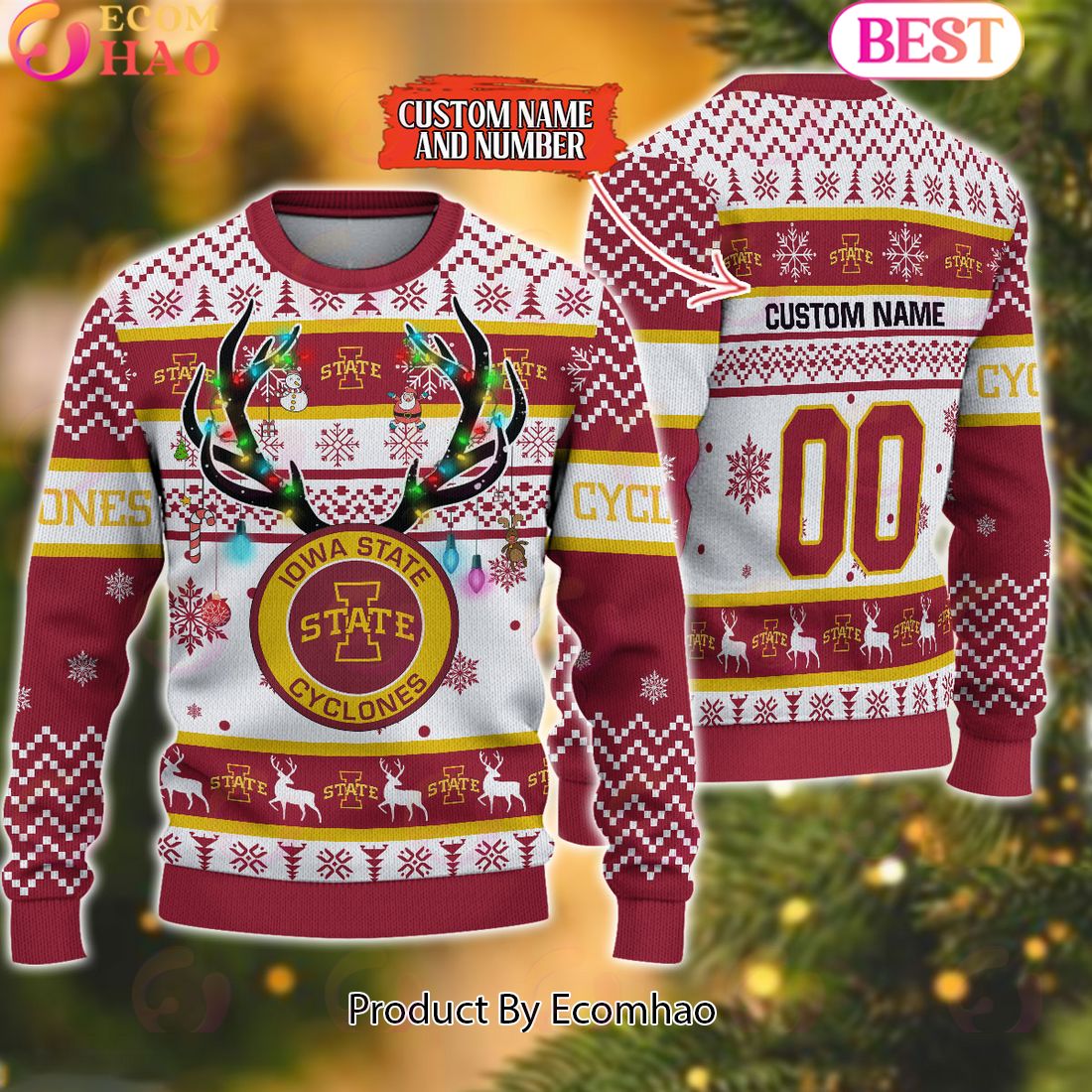 NCAA Iowa State Cyclones Reindeer Light Ugly Christmas Sweater