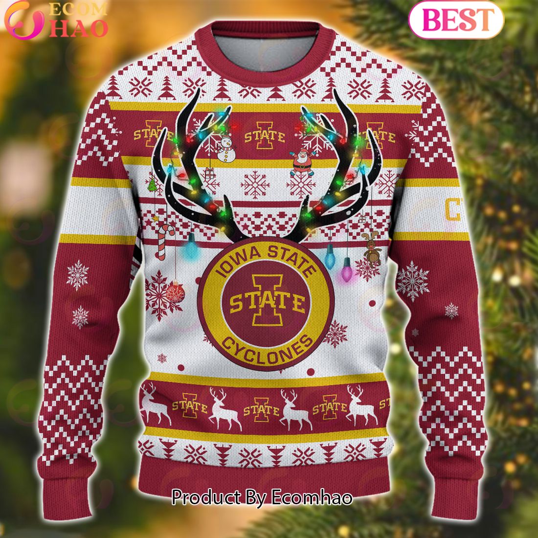 NCAA Iowa State Cyclones Reindeer Light Ugly Christmas Sweater