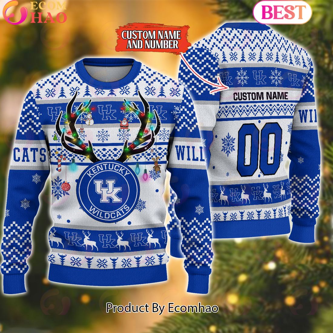 NCAA Kentucky Wildcats Reindeer Light Ugly Christmas Sweater