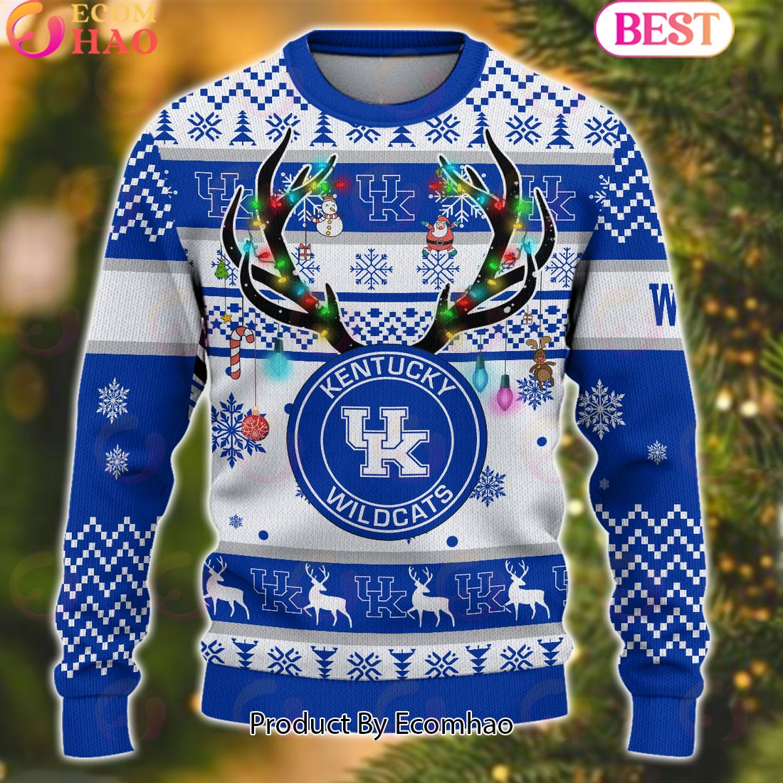 NCAA Kentucky Wildcats Reindeer Light Ugly Christmas Sweater