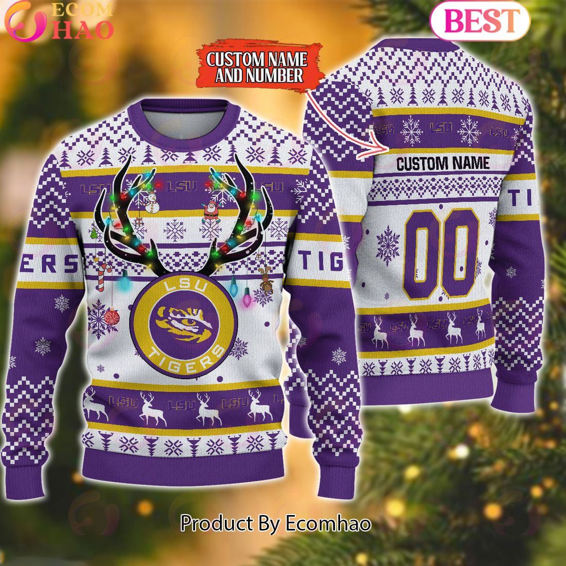 NCAA LSU Tigers Reindeer Light Ugly Christmas Sweater