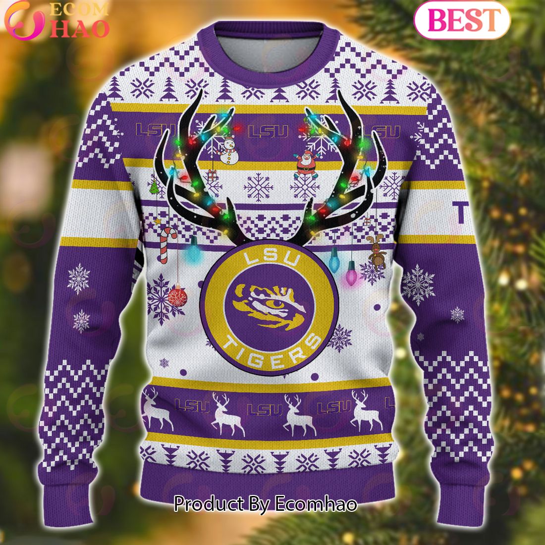 NCAA LSU Tigers Reindeer Light Ugly Christmas Sweater