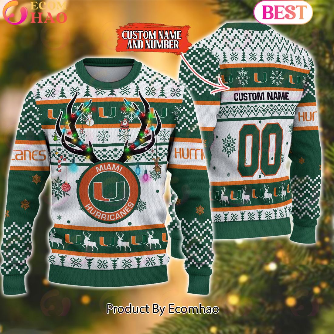 NCAA Miami Hurricanes Reindeer Light Ugly Christmas Sweater