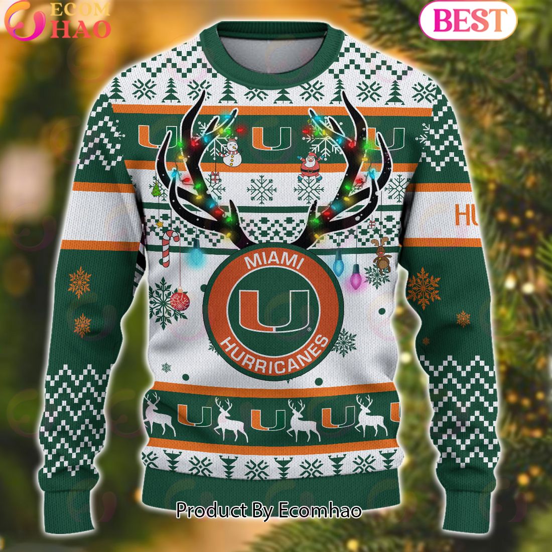 NCAA Miami Hurricanes Reindeer Light Ugly Christmas Sweater