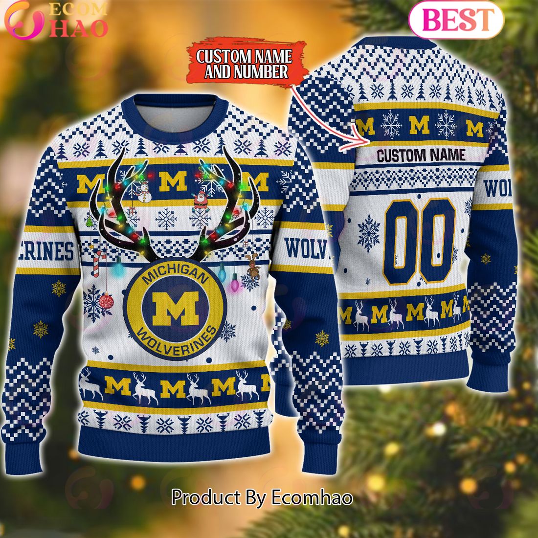 NCAA Michigan Wolverines Reindeer Light Ugly Christmas Sweater