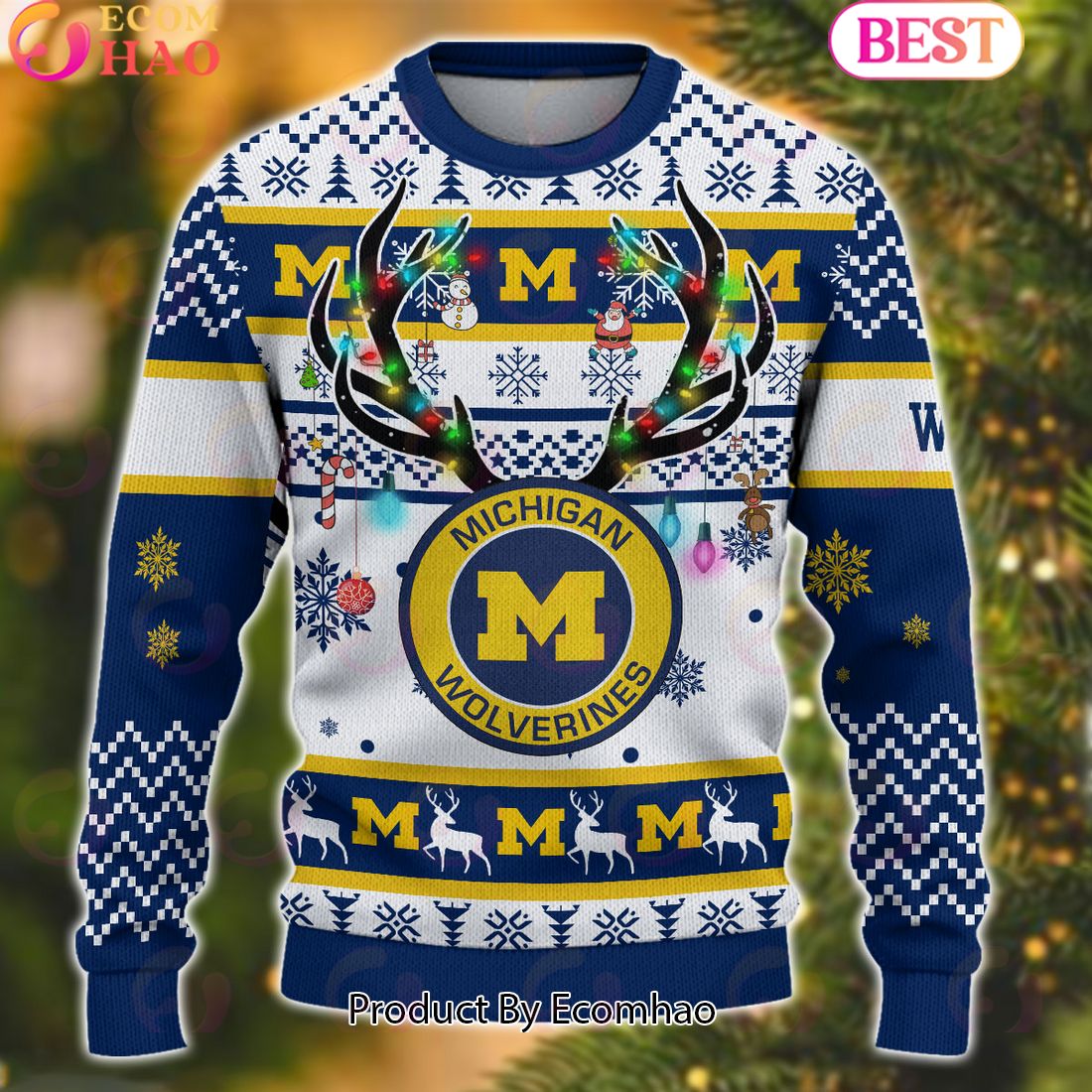 NCAA Michigan Wolverines Reindeer Light Ugly Christmas Sweater