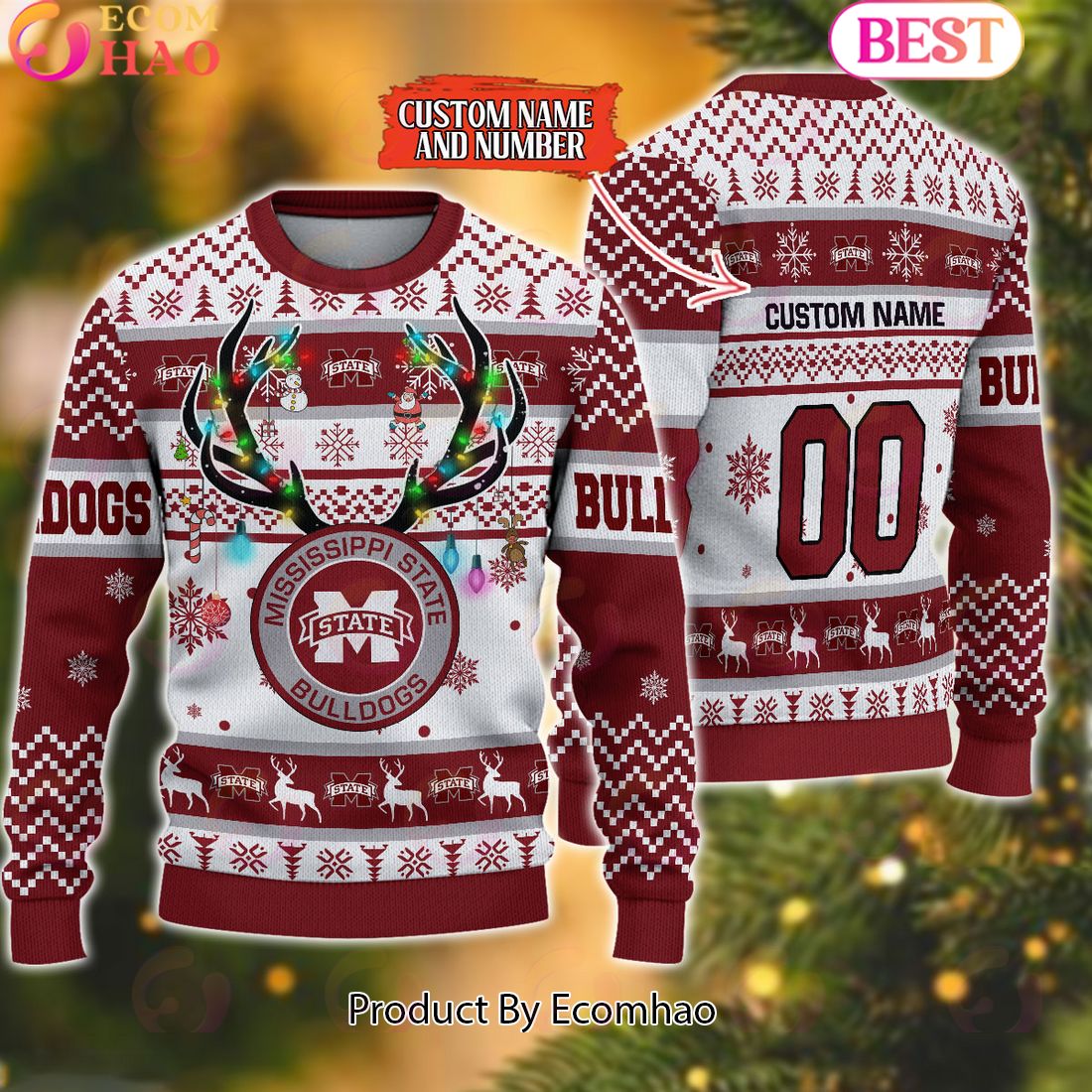 NCAA Mississippi State Bulldogs Reindeer Light Ugly Christmas Sweater