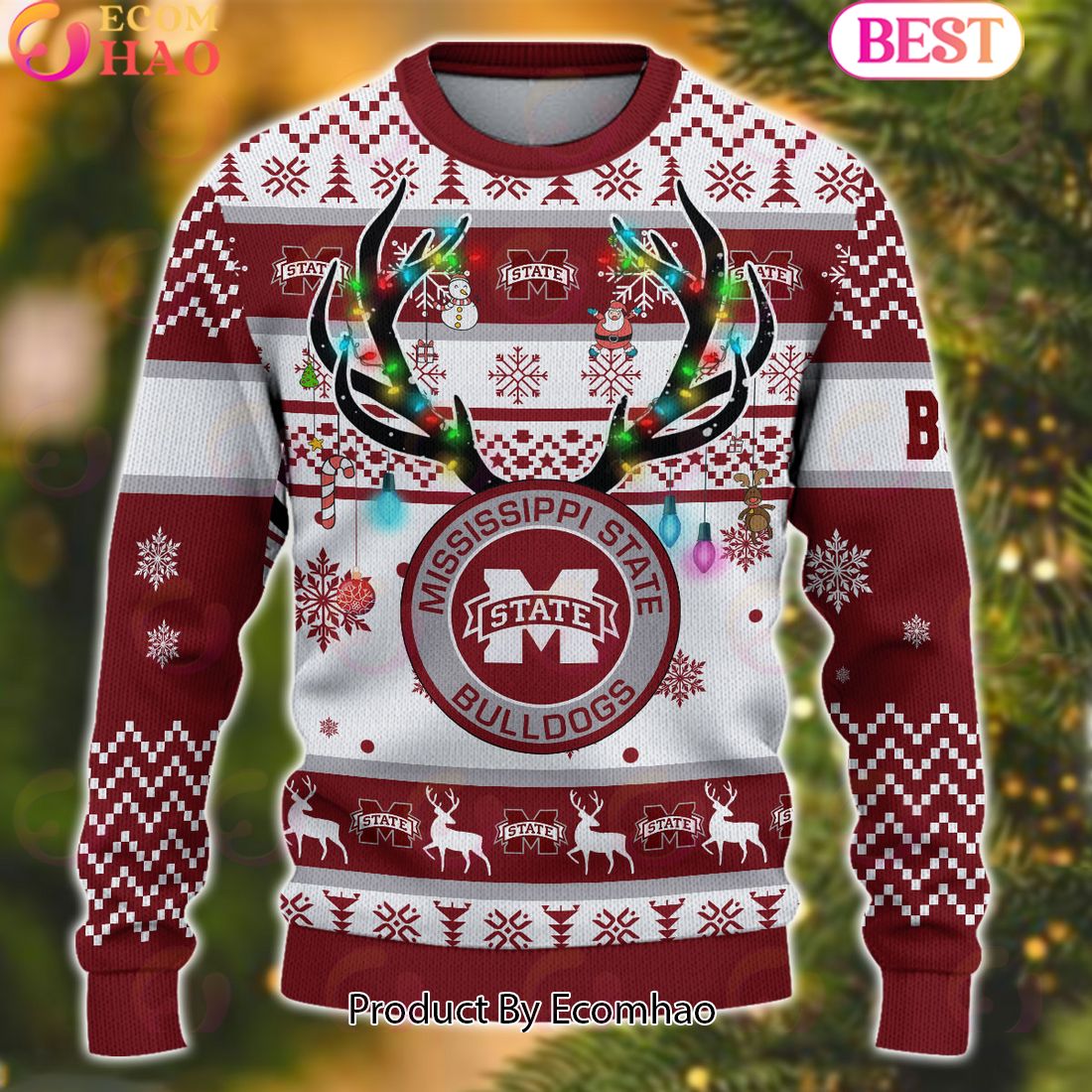 NCAA Mississippi State Bulldogs Reindeer Light Ugly Christmas Sweater