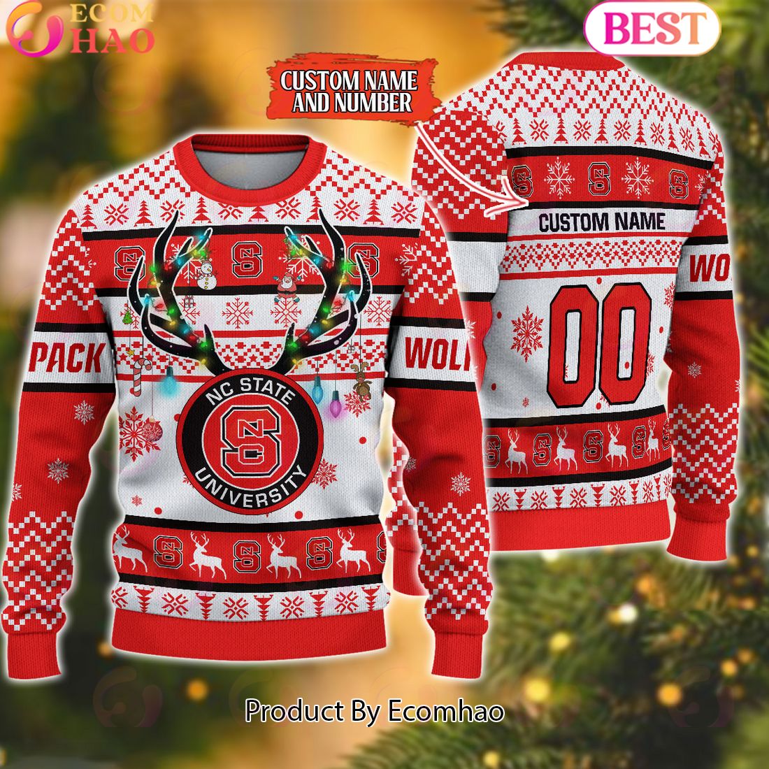 NCAA NC State Wolfpack Reindeer Light Ugly Christmas Sweater