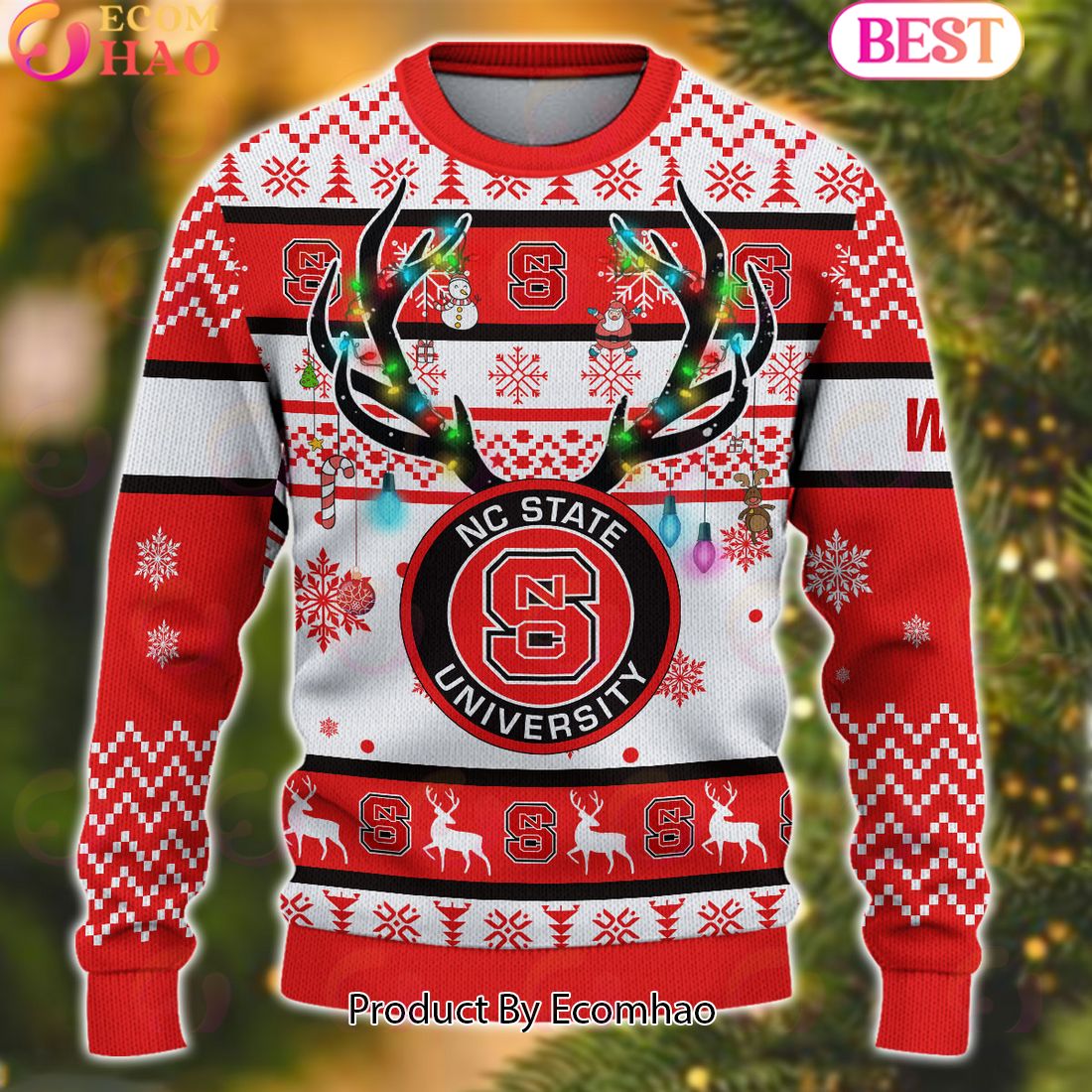 NCAA NC State Wolfpack Reindeer Light Ugly Christmas Sweater