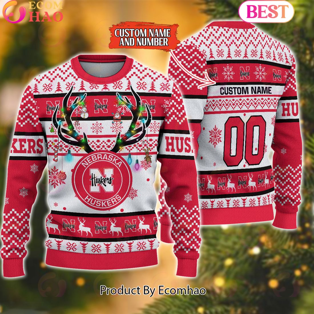 NCAA Nebraska Cornhuskers Reindeer Light Ugly Christmas Sweater