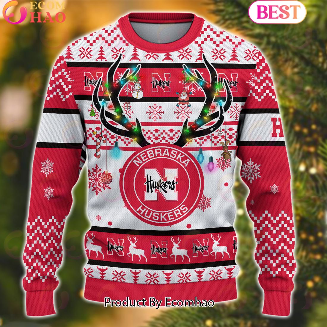 NCAA Nebraska Cornhuskers Reindeer Light Ugly Christmas Sweater