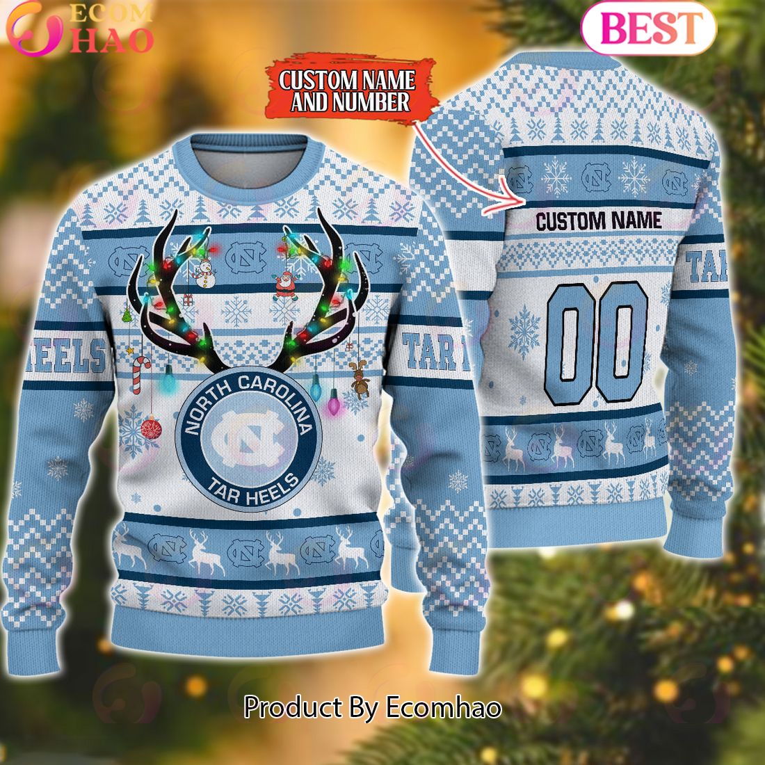 NCAA North Carolina Tar Heels Reindeer Light Ugly Christmas Sweater