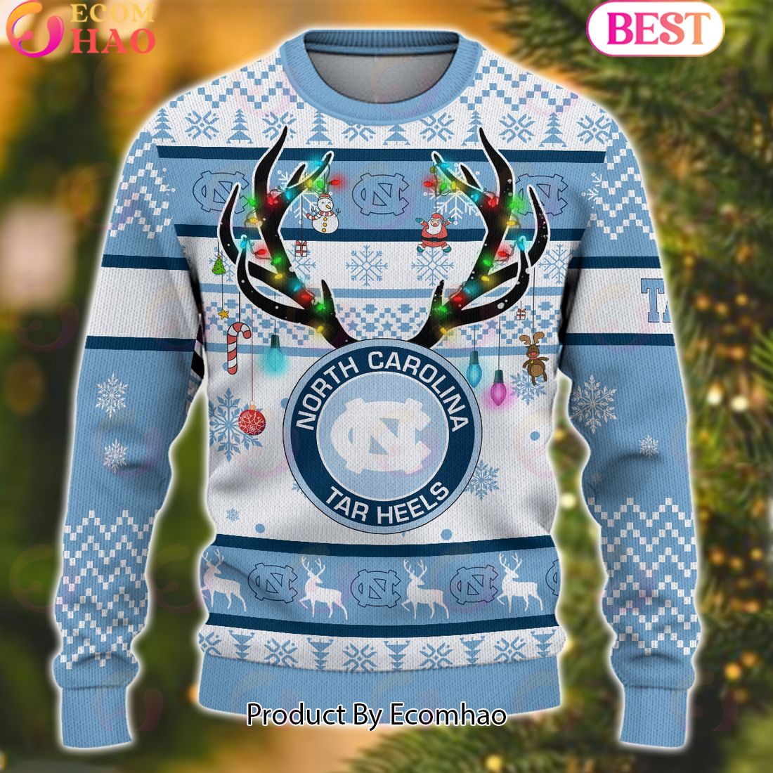 NCAA North Carolina Tar Heels Reindeer Light Ugly Christmas Sweater