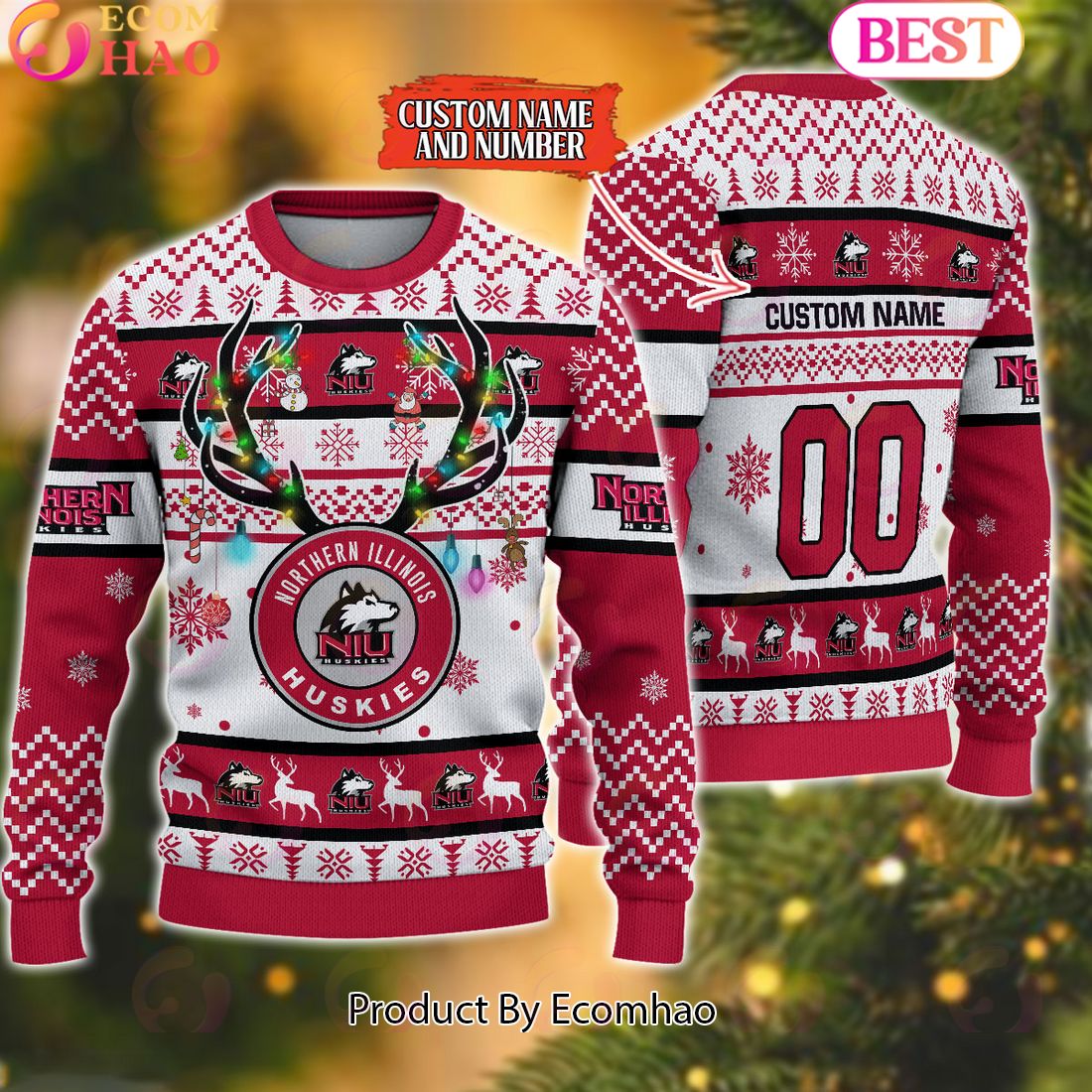 NCAA Northern Illinois Huskies Reindeer Light Ugly Christmas Sweater