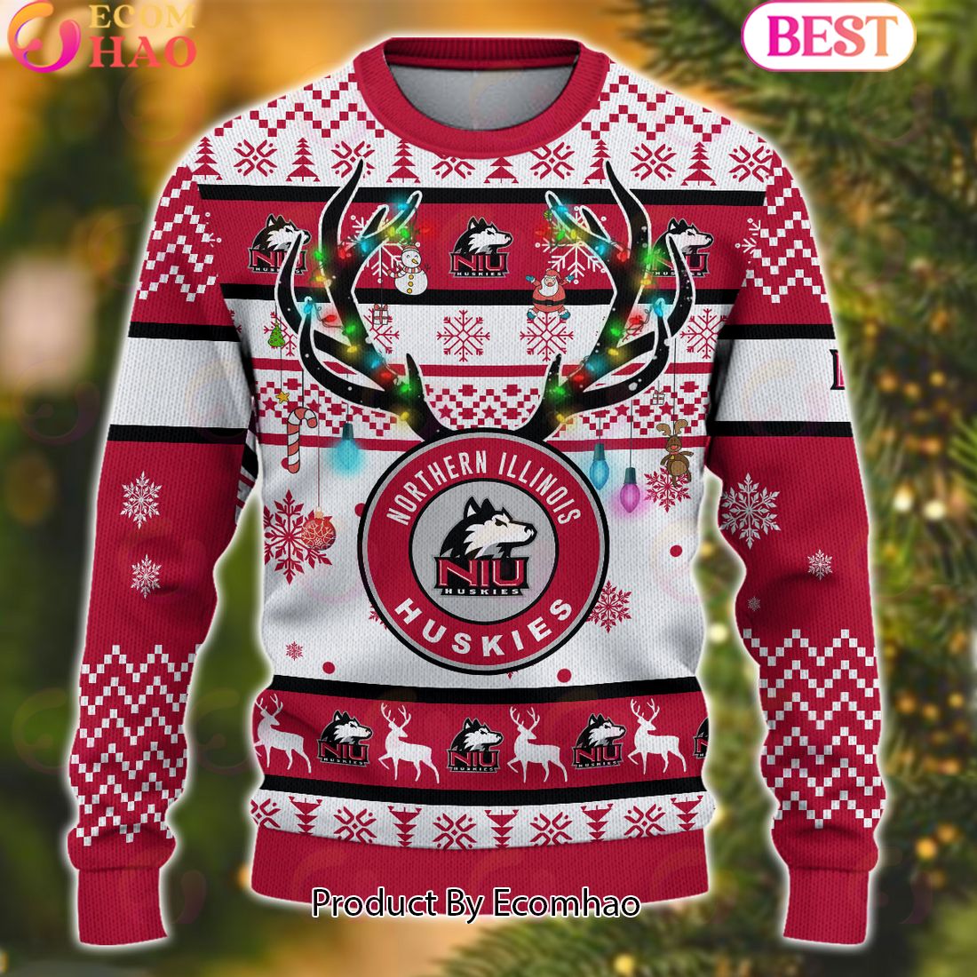 NCAA Northern Illinois Huskies Reindeer Light Ugly Christmas Sweater