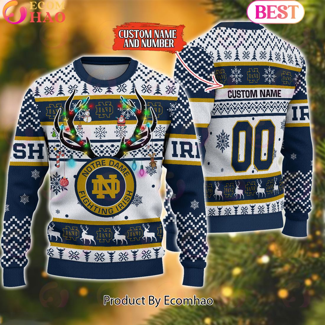 NCAA Notre Dame Fighting Irish Reindeer Light Ugly Christmas Sweater