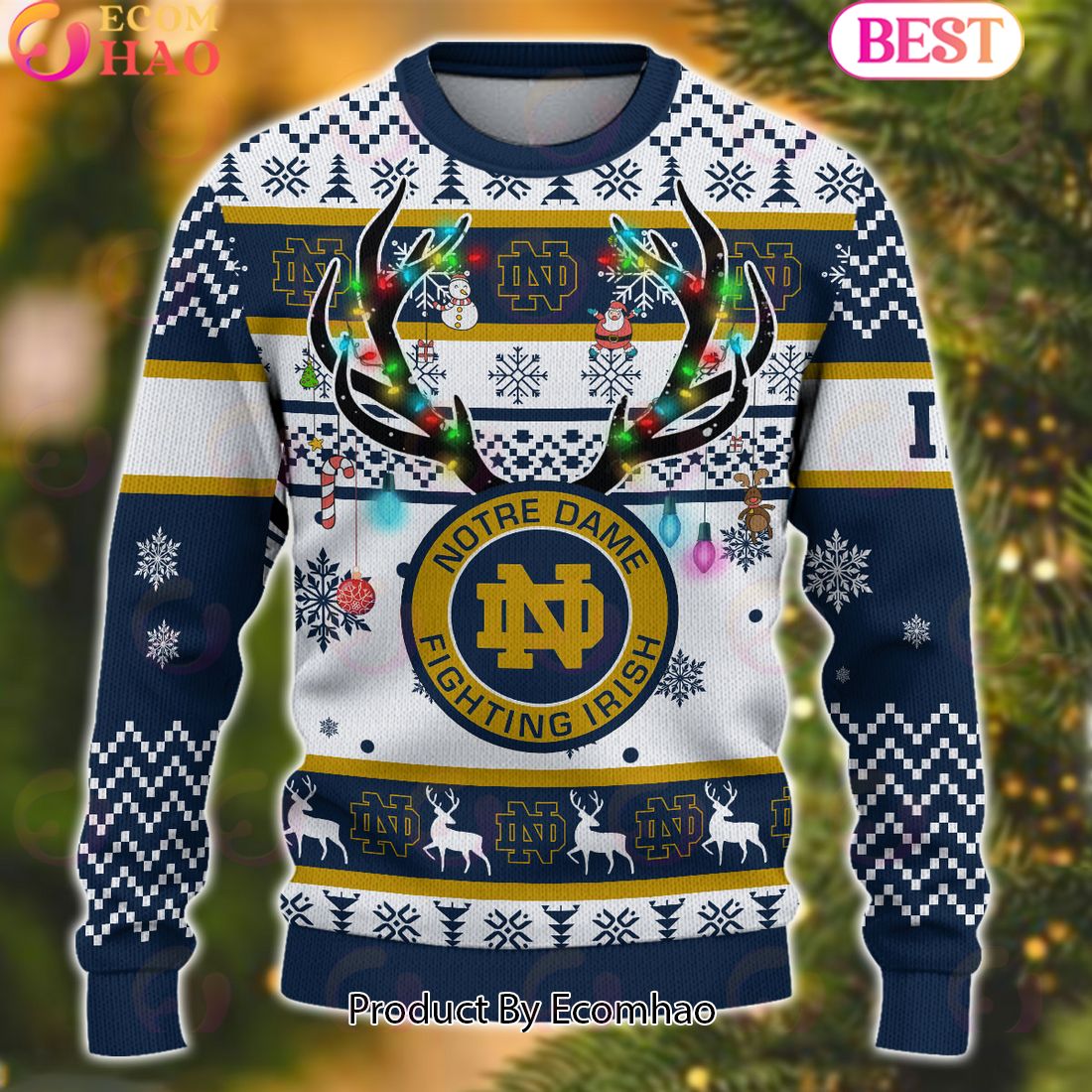 NCAA Notre Dame Fighting Irish Reindeer Light Ugly Christmas Sweater