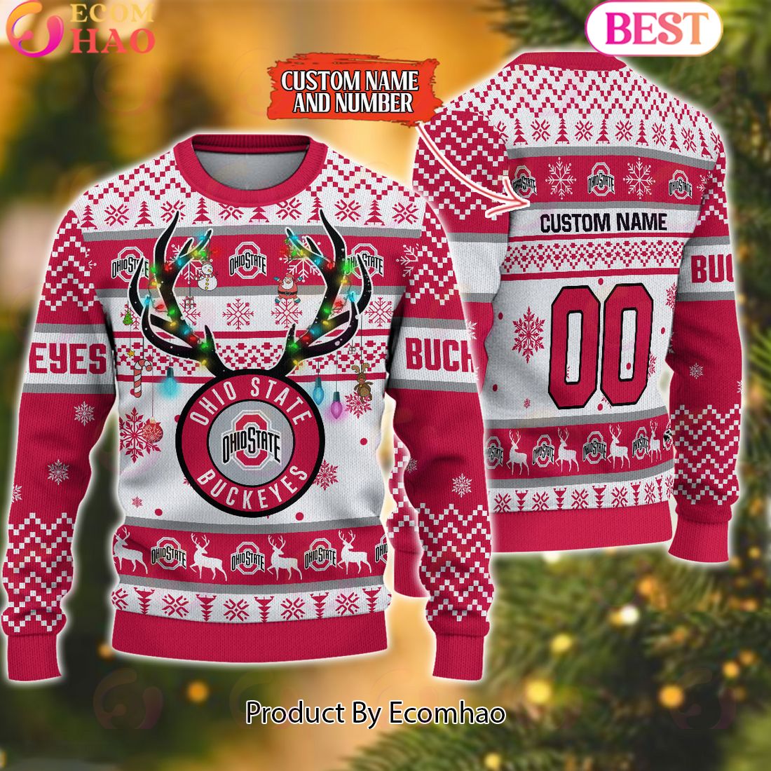 NCAA Ohio State Buckeyes Reindeer Light Ugly Christmas Sweater