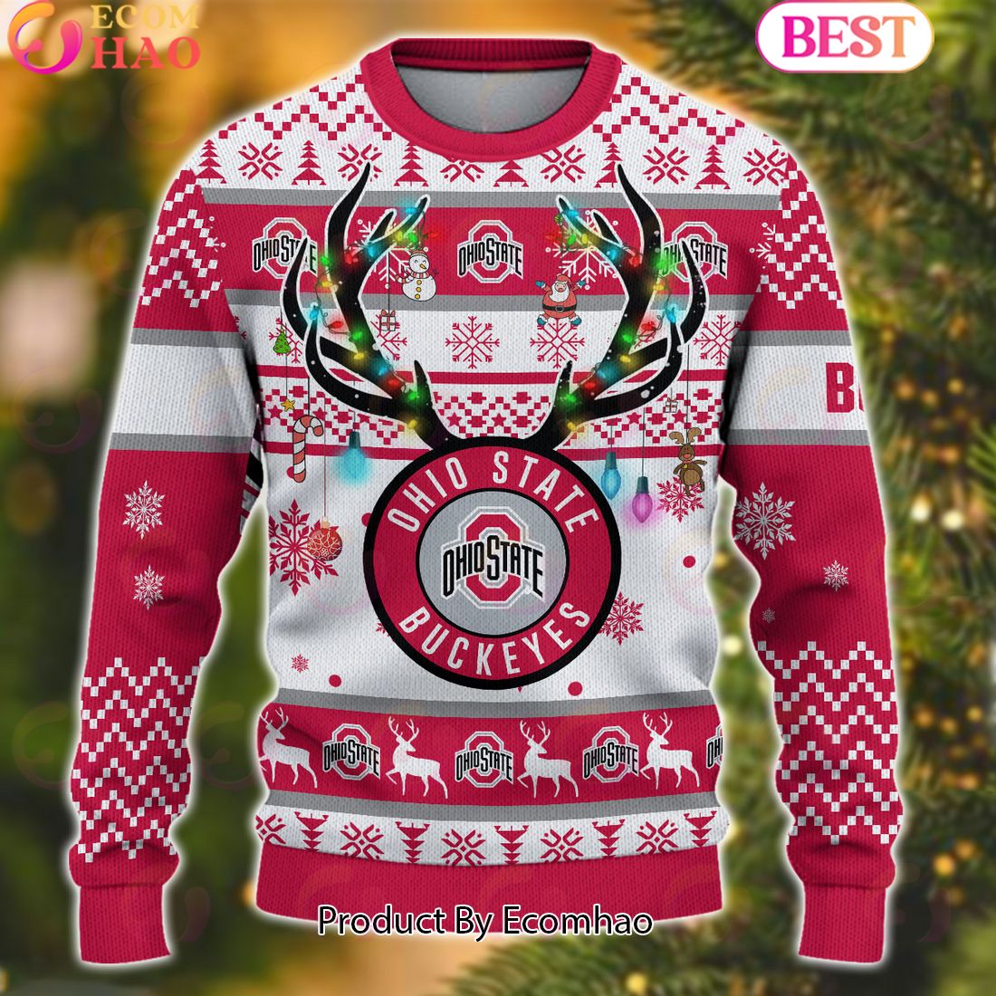 NCAA Ohio State Buckeyes Reindeer Light Ugly Christmas Sweater