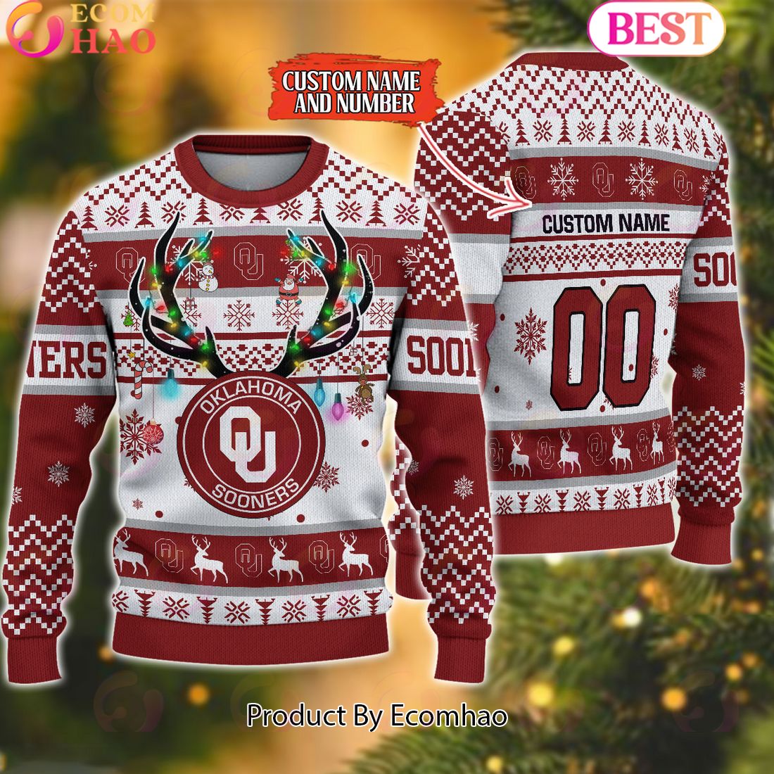 NCAA Oklahoma Sooners Reindeer Light Ugly Christmas Sweater