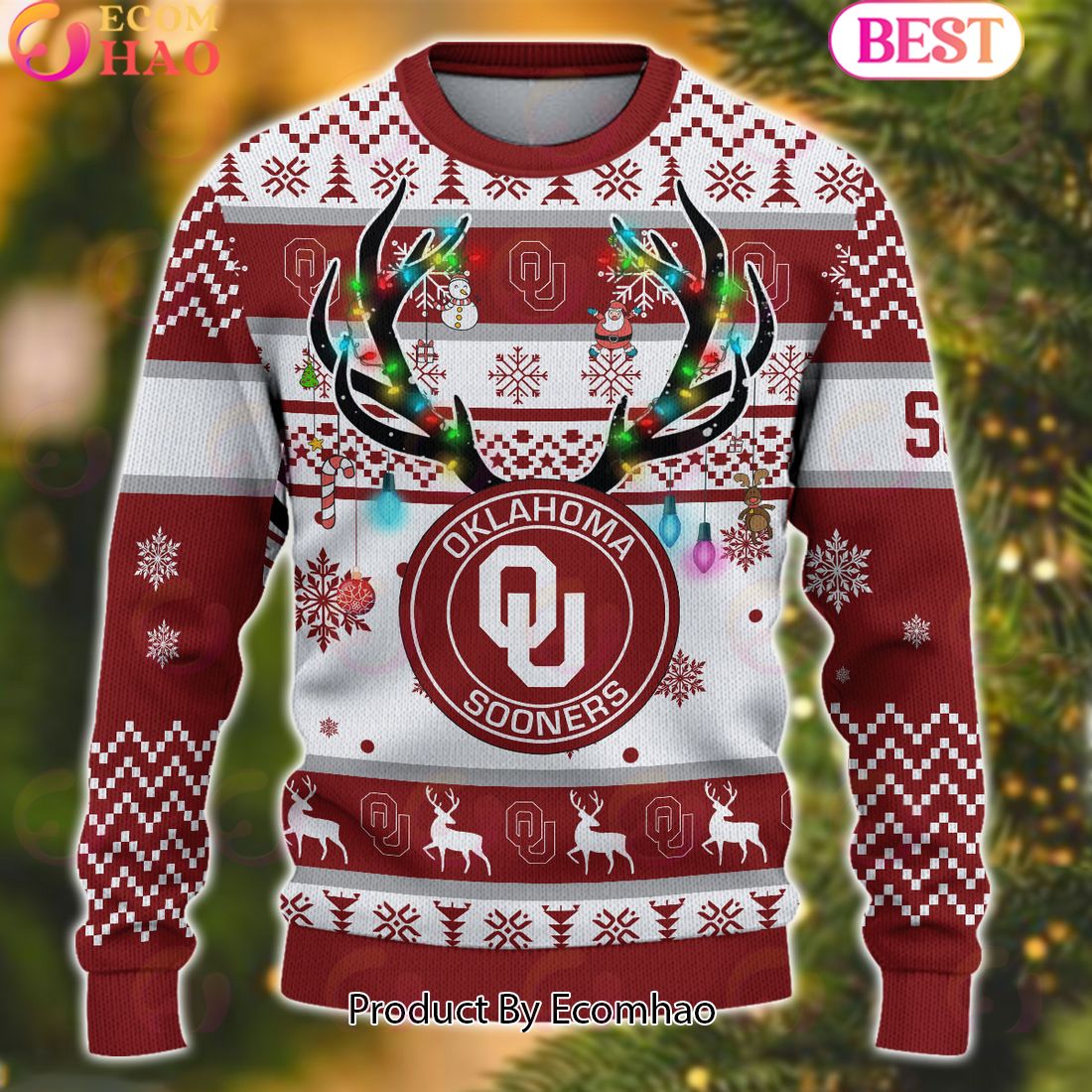 NCAA Oklahoma Sooners Reindeer Light Ugly Christmas Sweater