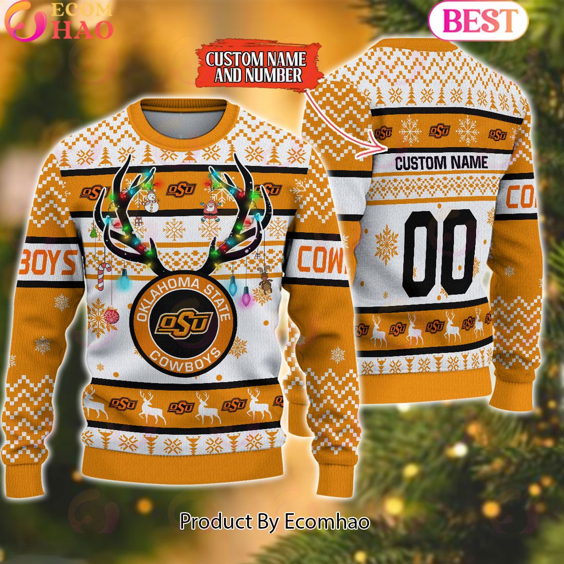 NCAA Oklahoma State Cowboys Reindeer Light Ugly Christmas Sweater