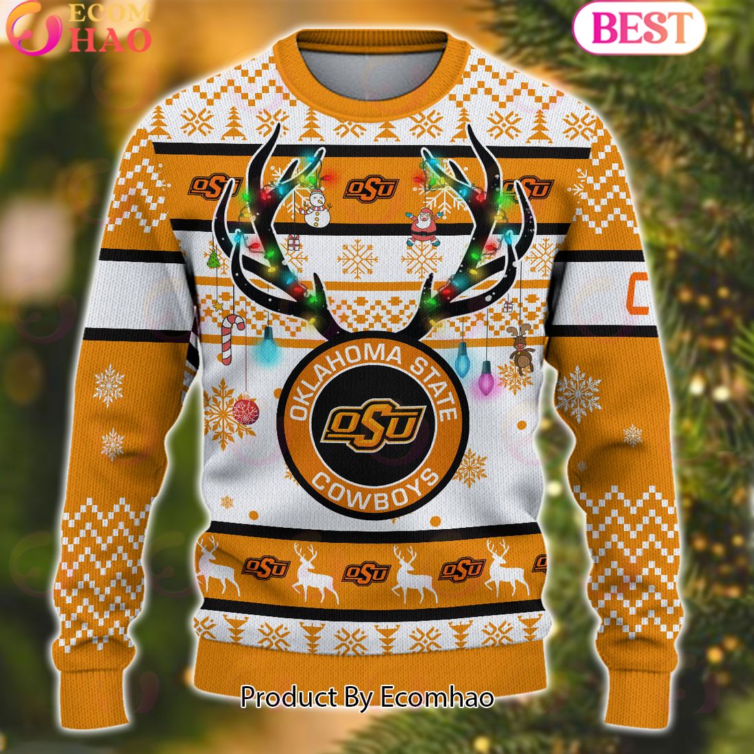 NCAA Oklahoma State Cowboys Reindeer Light Ugly Christmas Sweater