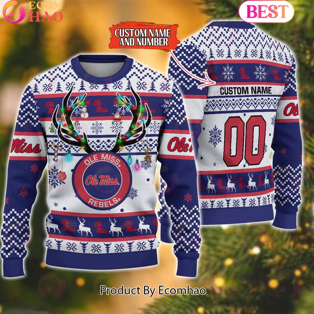 NCAA Ole Miss Rebels  Reindeer Light Ugly Christmas Sweater