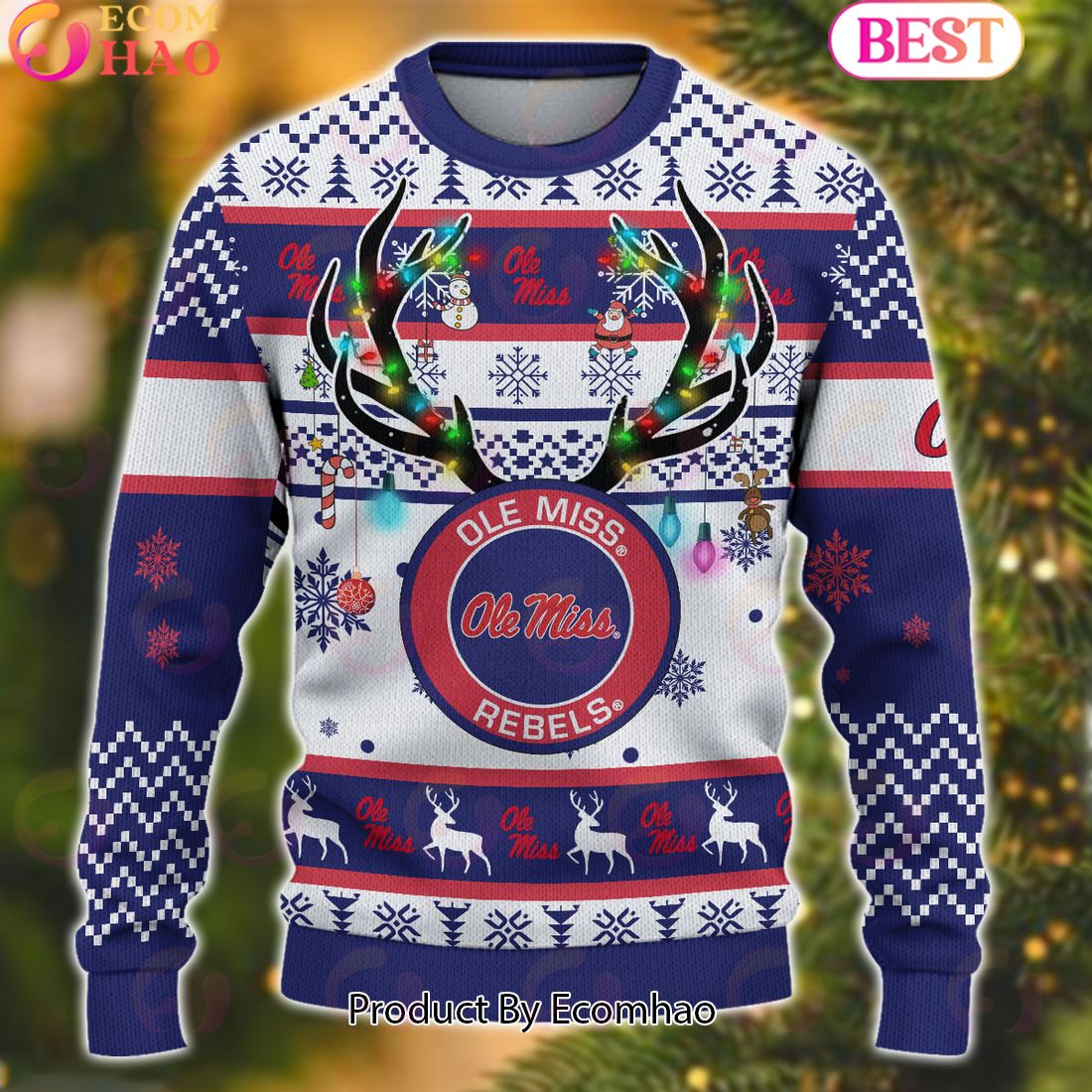 NCAA Ole Miss Rebels  Reindeer Light Ugly Christmas Sweater