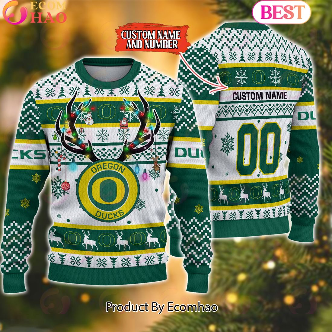 NCAA Oregon Ducks Reindeer Light Ugly Christmas Sweater