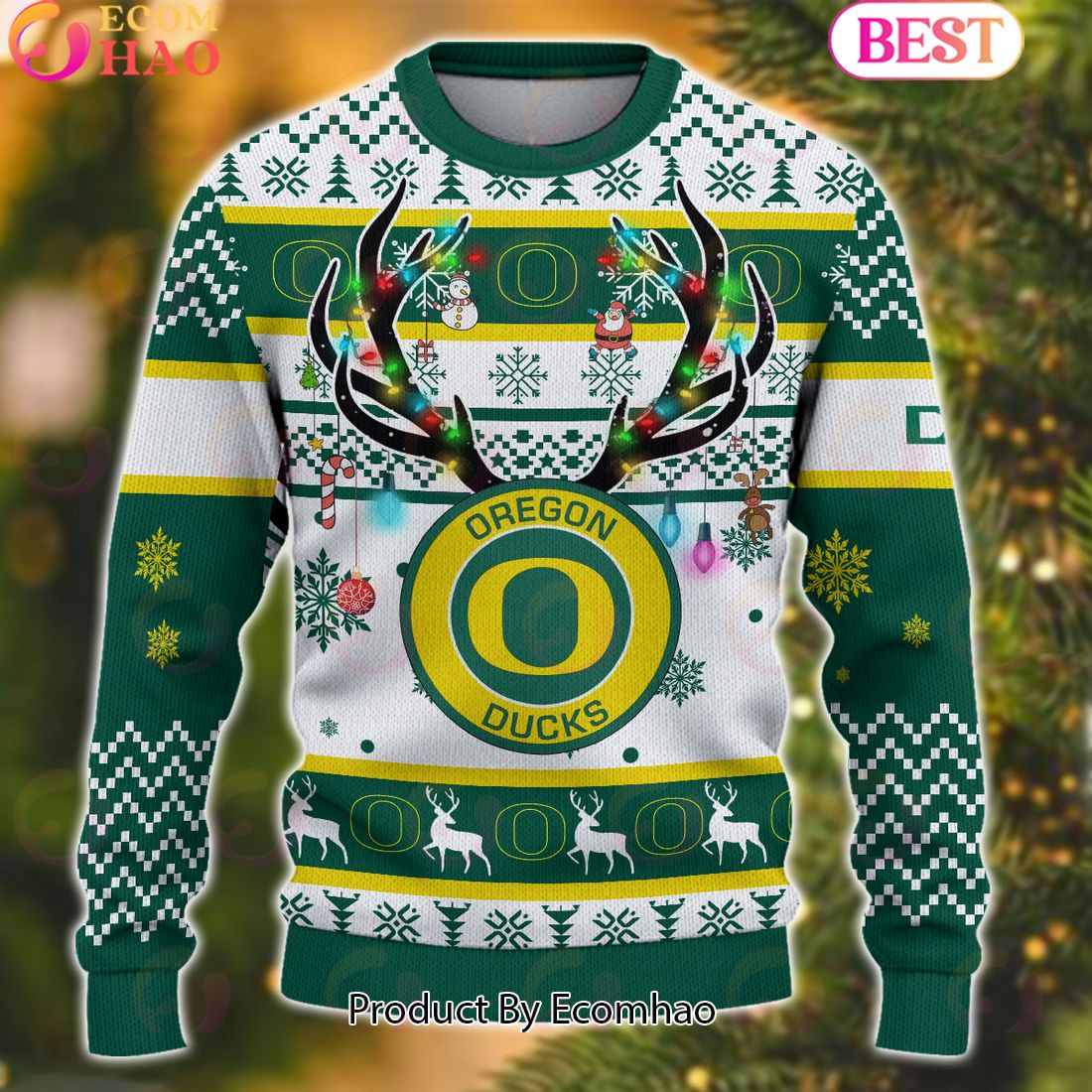 NCAA Oregon Ducks Reindeer Light Ugly Christmas Sweater