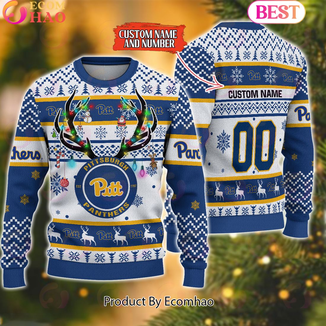 NCAA Pittsburgh Panthers Reindeer Light Ugly Christmas Sweater