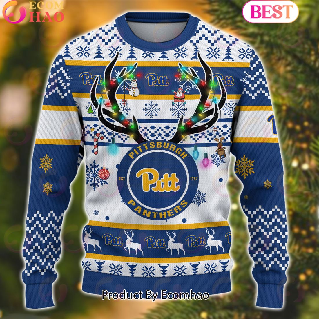 NCAA Pittsburgh Panthers Reindeer Light Ugly Christmas Sweater