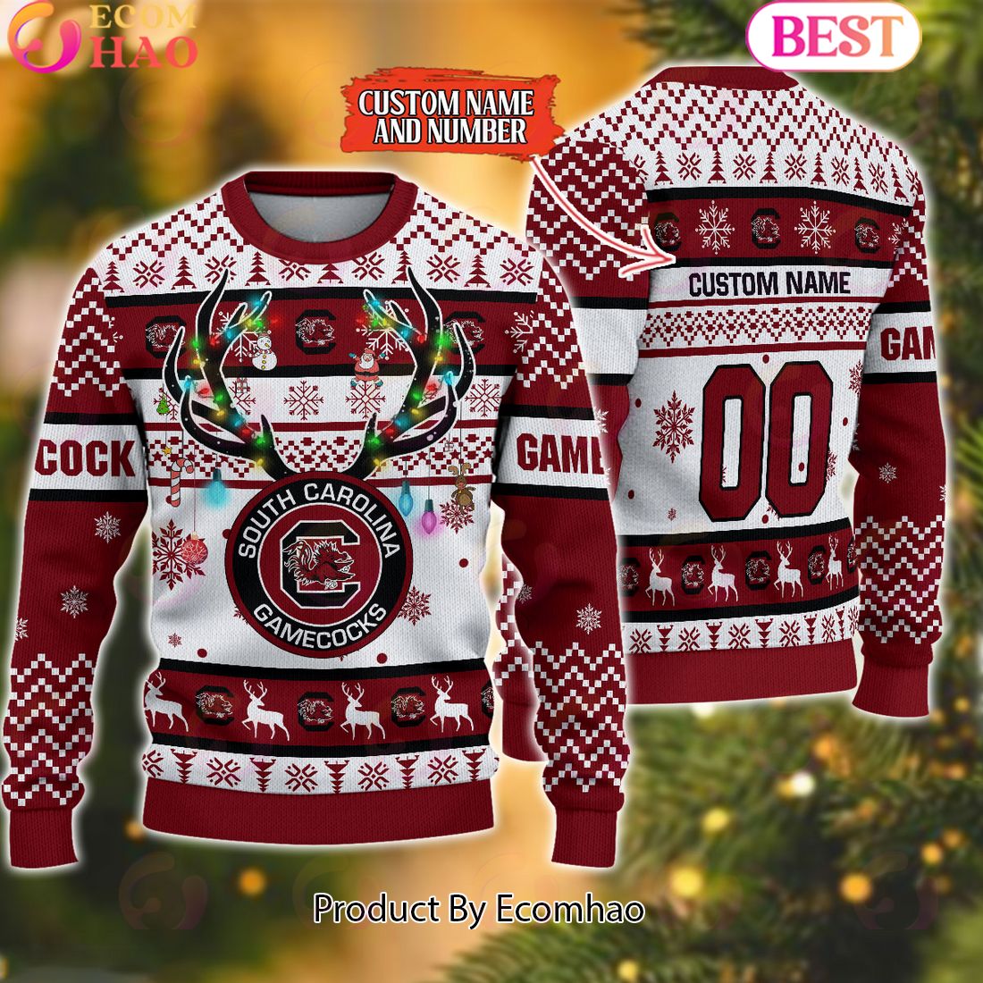 NCAA South Carolina Gamecocks Reindeer Light Ugly Christmas Sweater