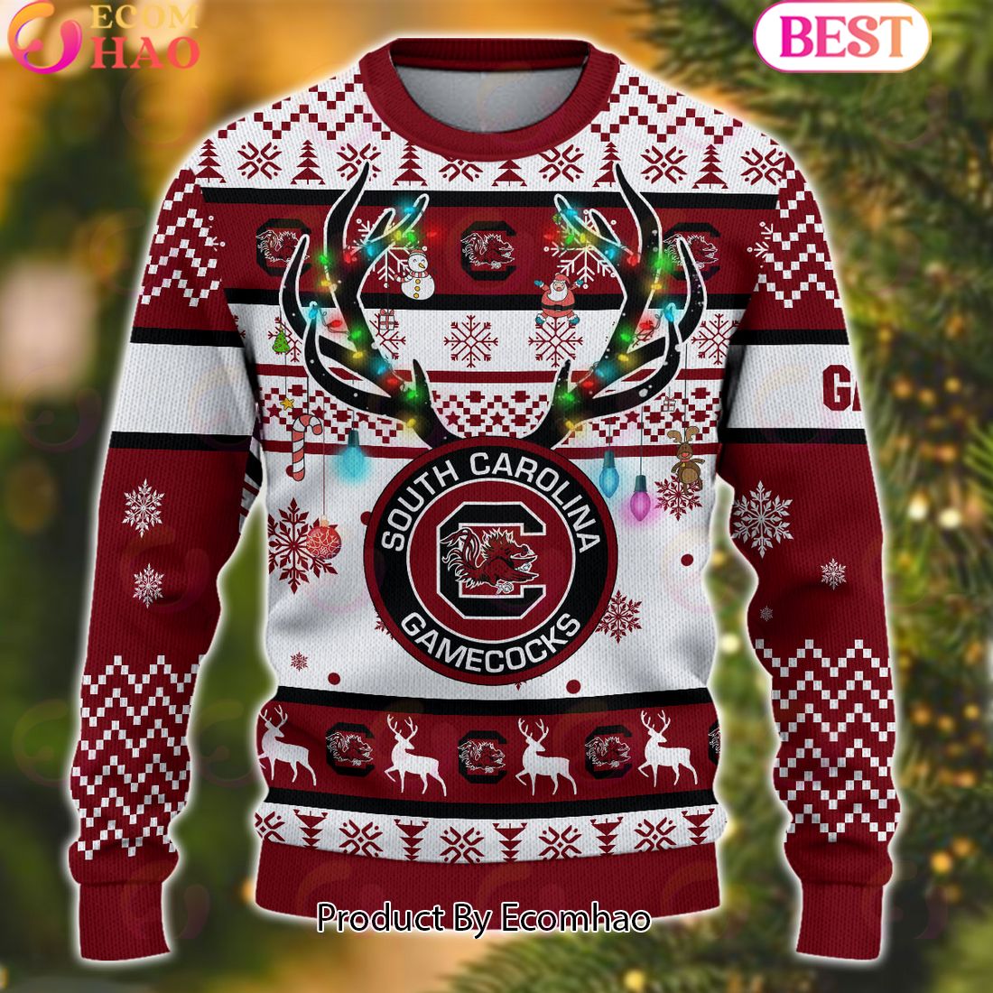 NCAA South Carolina Gamecocks Reindeer Light Ugly Christmas Sweater